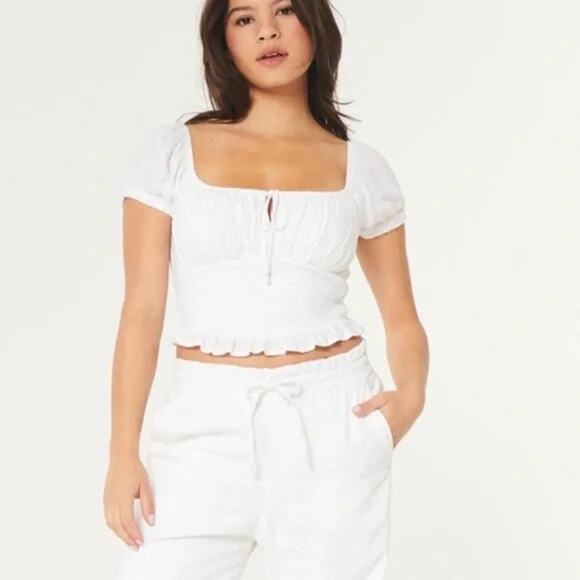 Hollister Tops - Hollister Babydoll Milkmaid Cropped Top White Smocked Coquette Women Medium